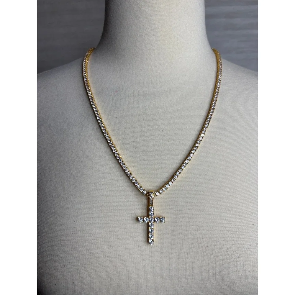 The Gld Shop Yellow Gold Diamond Cross Pendant and‎ Diamond Tennis Necklace